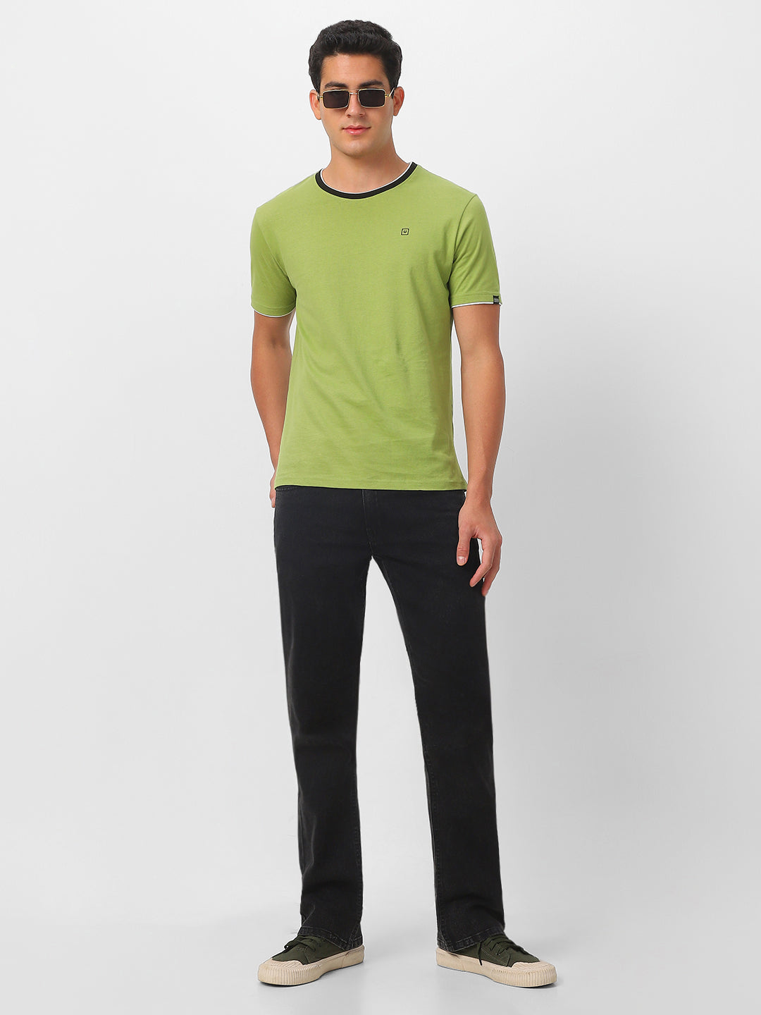 Men's Solid Olive Round Neck Half Sleeve Slim Fit Cotton T-Shirt