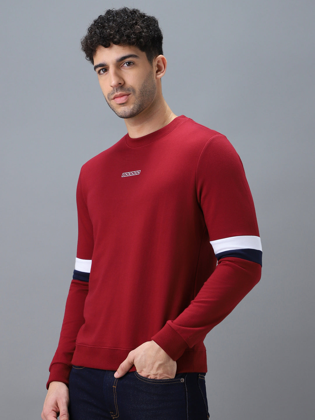 Men's Red Cotton Color Block Round Neck Sweatshirt