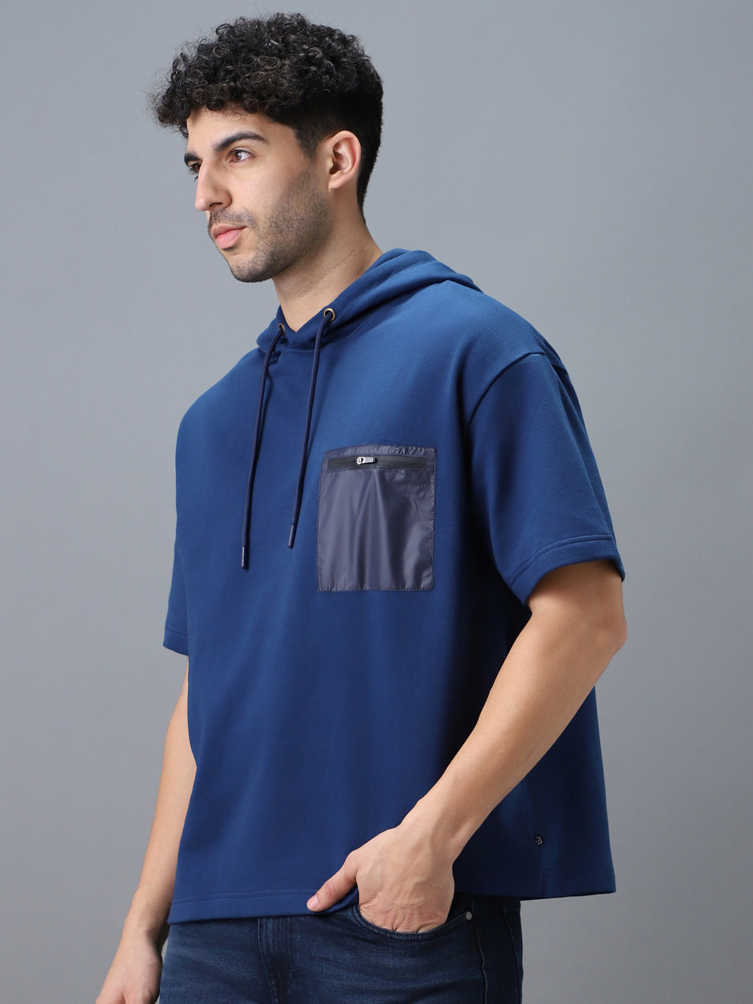 Men's Blue Cotton Solid Oversized Hooded Neck Sweatshirt
