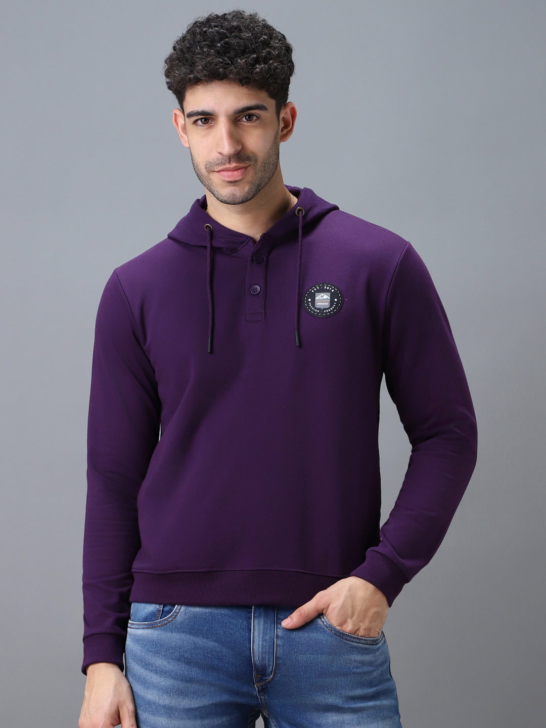 Men's Purple Cotton Solid Button Hooded Neck Sweatshirt