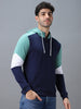 Men's Blue, Green Cotton Color Block Hooded Neck Sweatshirt