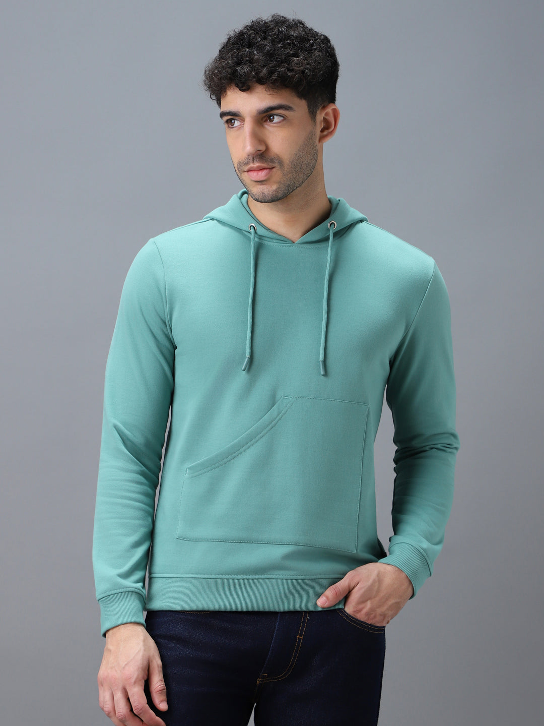 Men's Green Cotton Solid Hooded Neck Sweatshirt