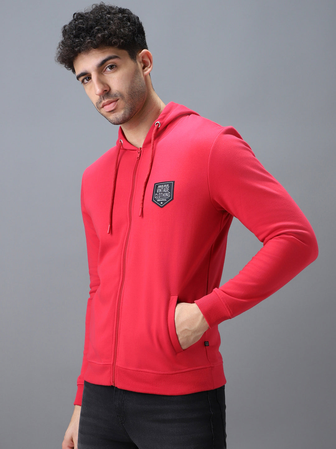 Men's Pink Cotton Solid Zippered Hooded Neck Sweatshirt