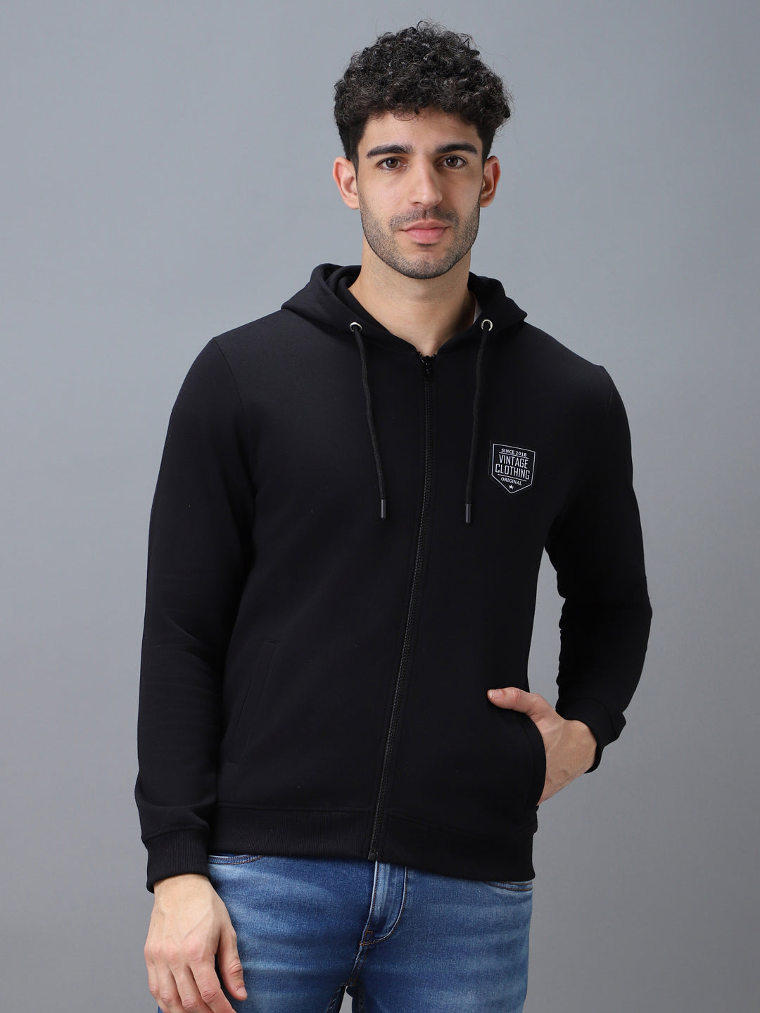 Men's Black Cotton Solid Zippered Hooded Neck Sweatshirt