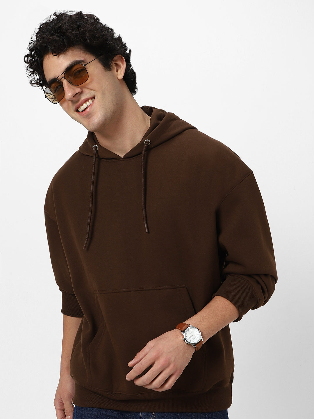 Men's Chocolate Brown Cotton Solid Oversized Hooded Neck