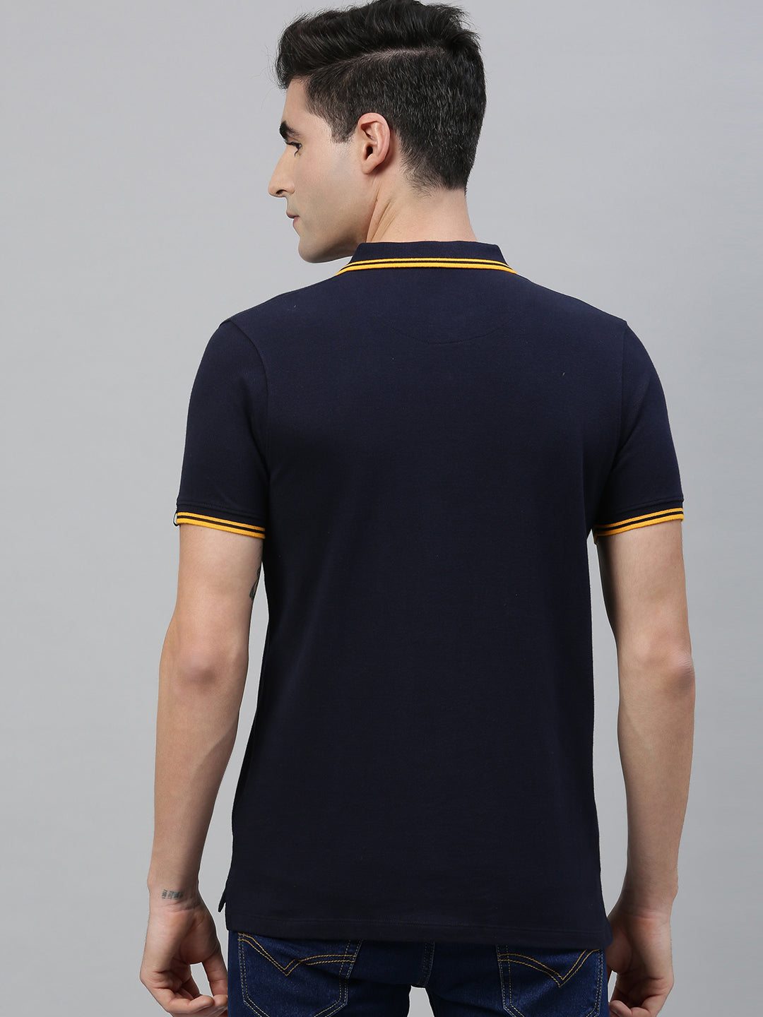 Men's Navy Blue Solid Cotton Slim Fit Polo T-Shirt