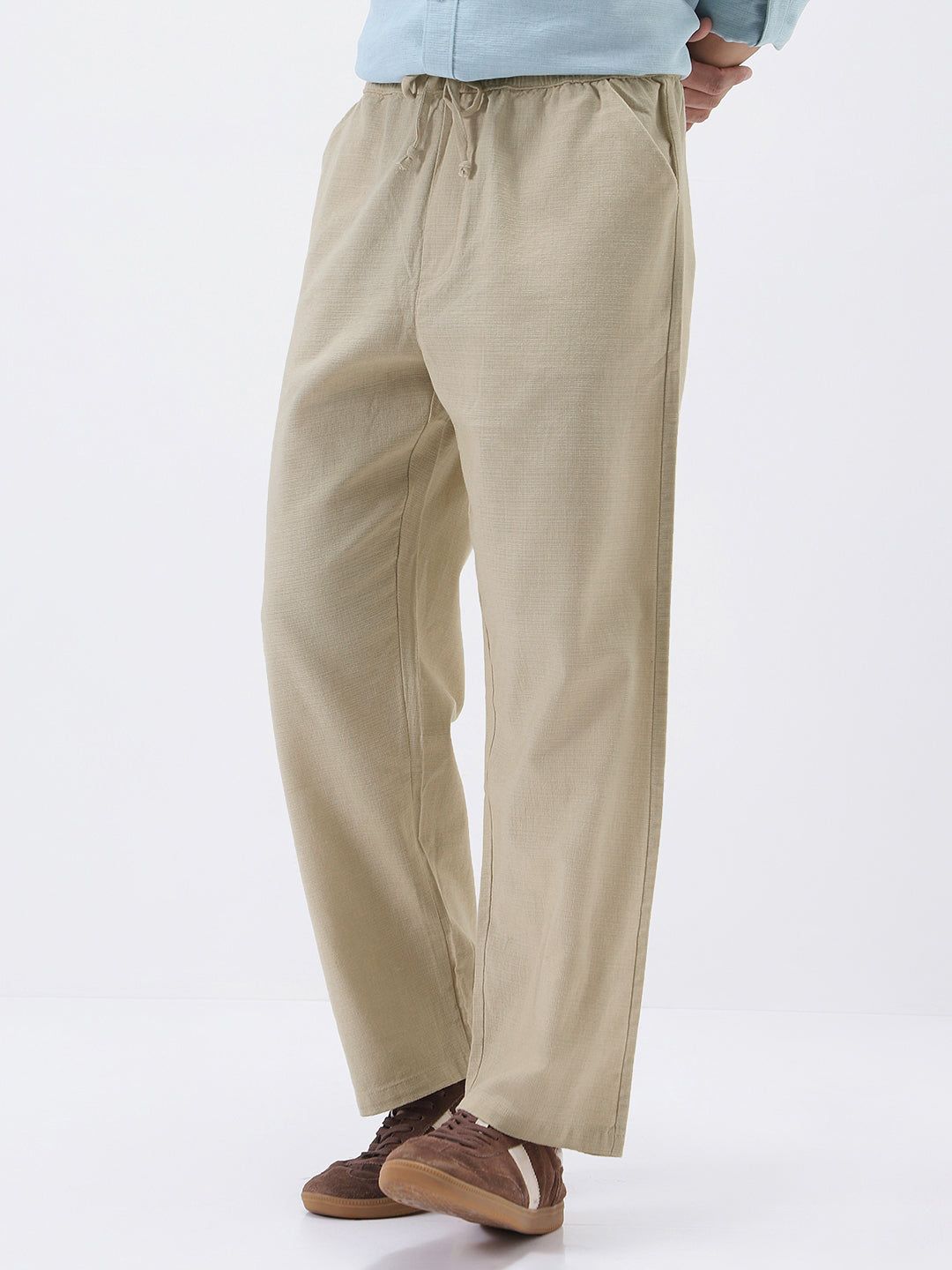 Men's Beige Loose Fit Solid Linen Blend Trousers Non-Stretchable