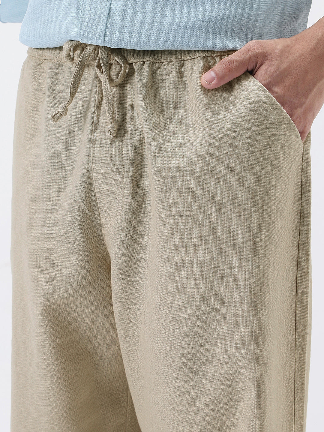 Men's Beige Loose Fit Solid Linen Blend Trousers Non-Stretchable