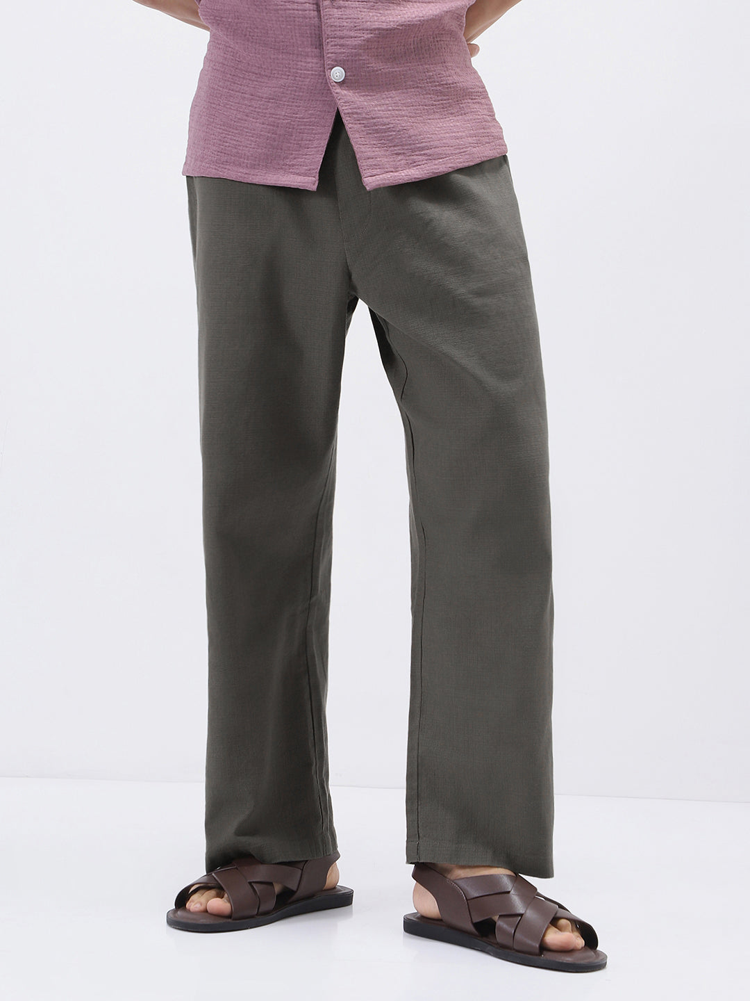 Men's Dusty Grey Loose Fit Solid Linen Blend Trousers Non-Stretchable