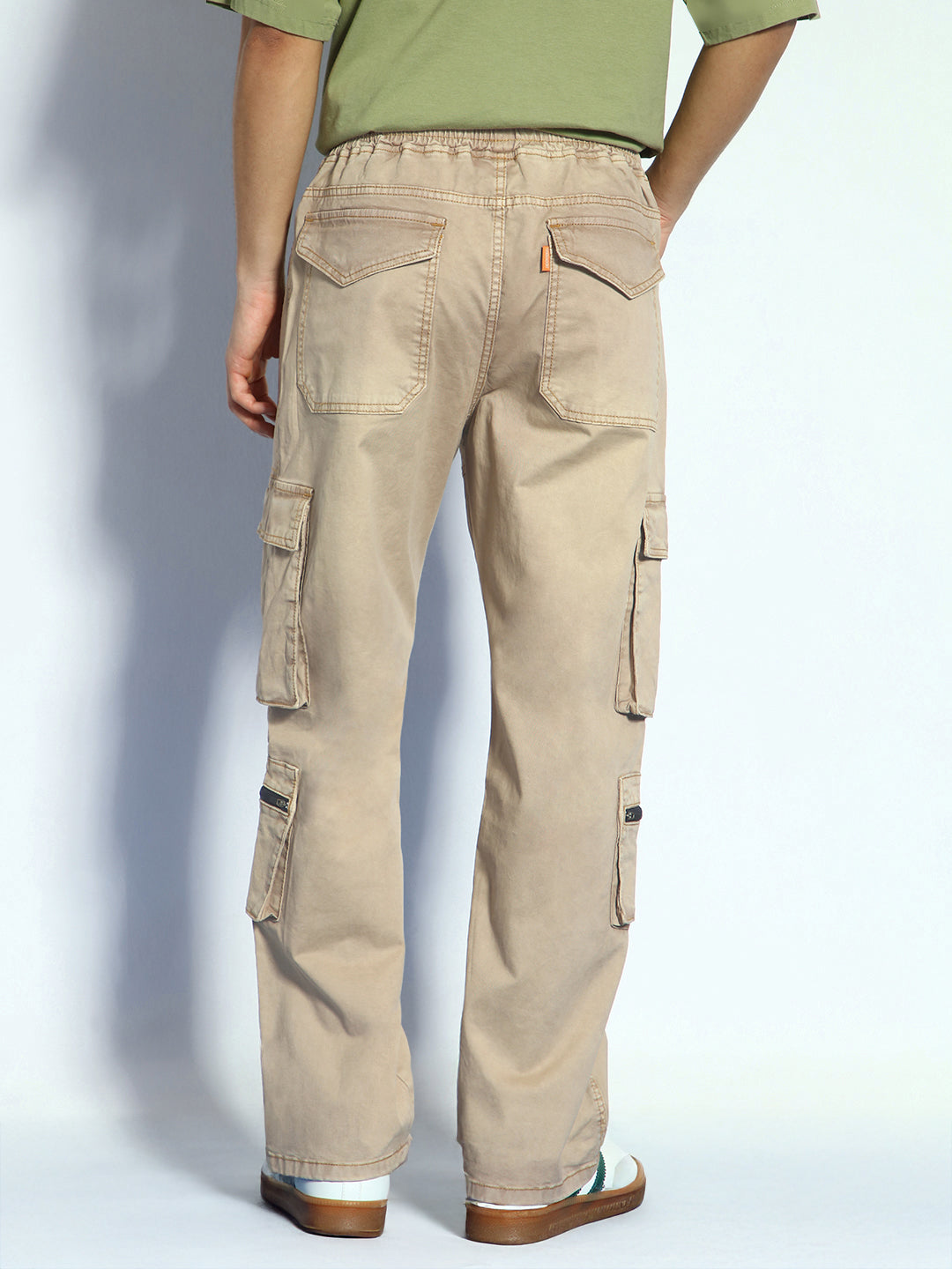 Men's Dark Beige Loose Baggy Fit Travel Cargo Jeans With 8 Pockets Stretchable