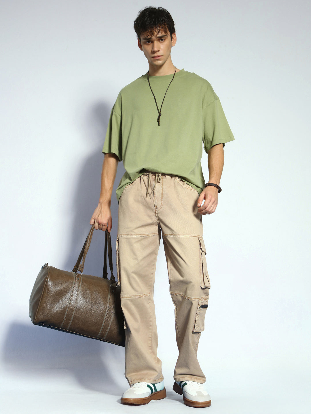 Men's Dark Beige Loose Baggy Fit Travel Cargo Jeans With 8 Pockets Stretchable