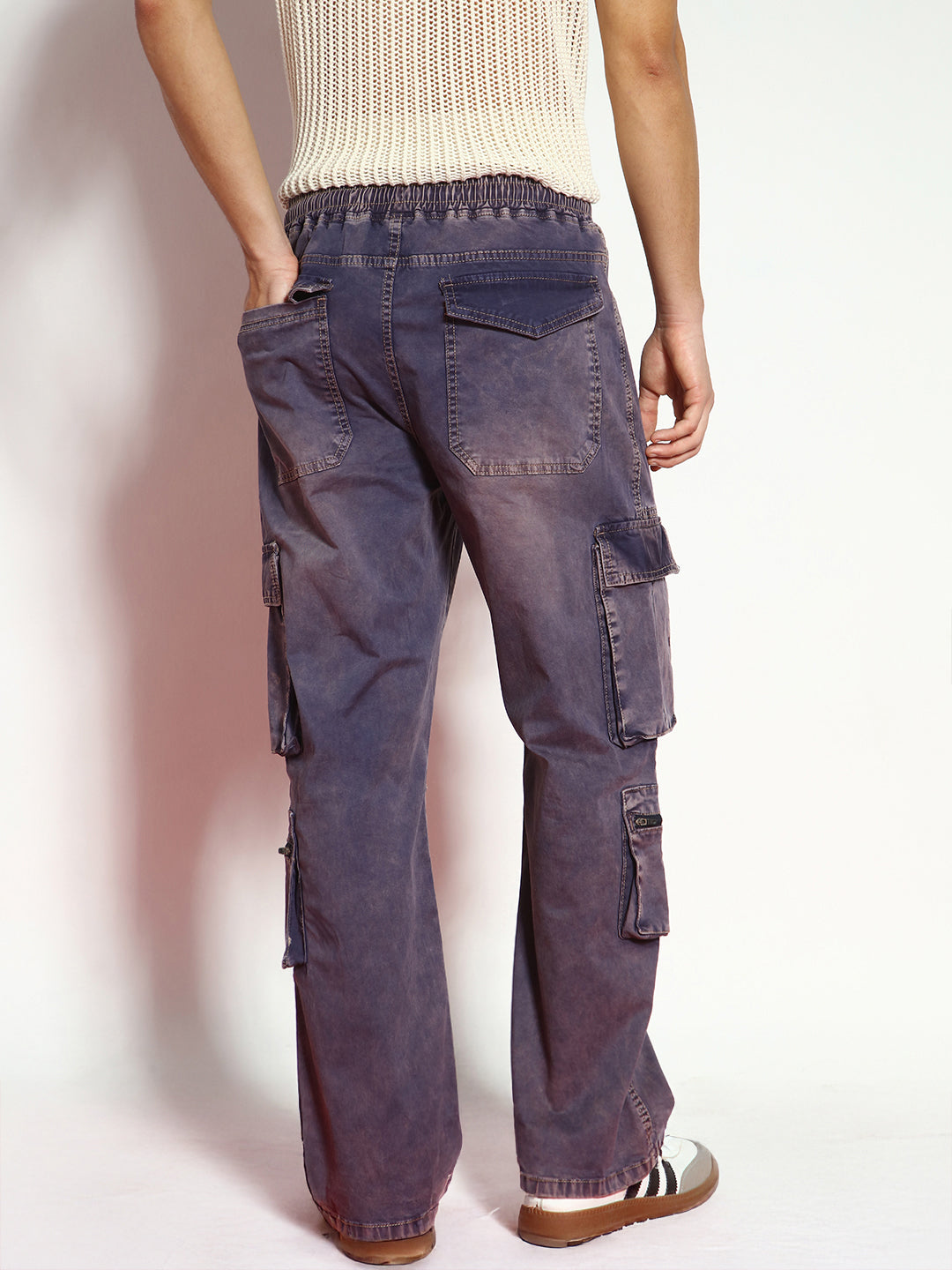 Men's Dark Blue Loose Baggy Fit Travel Cargo Jeans With 8 Pockets Stretchable