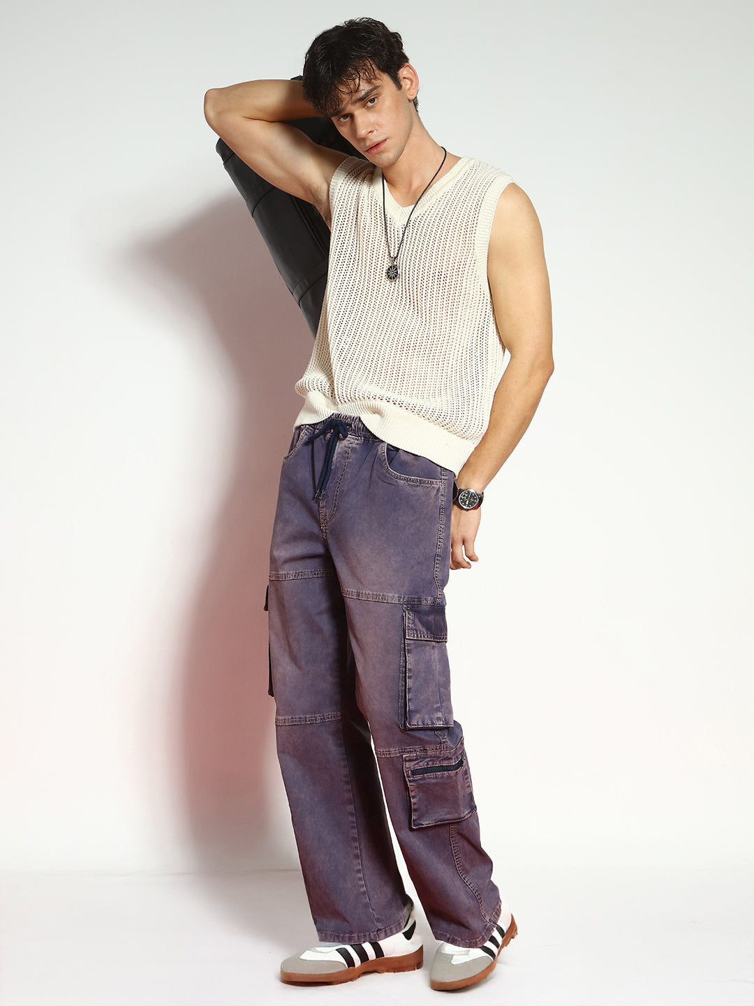 Men's Dark Blue Loose Baggy Fit Travel Cargo Jeans With 8 Pockets Stretchable