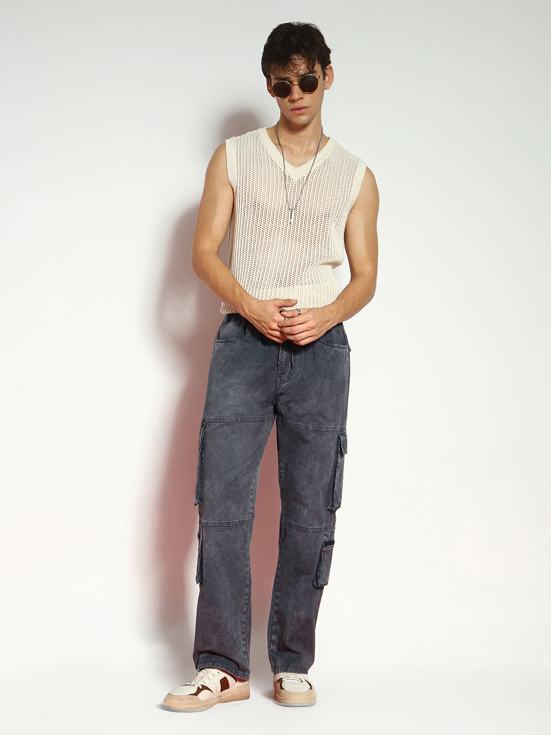 Men's Grey Loose Baggy Fit Travel Cargo Jeans With 8 Pockets Stretchable