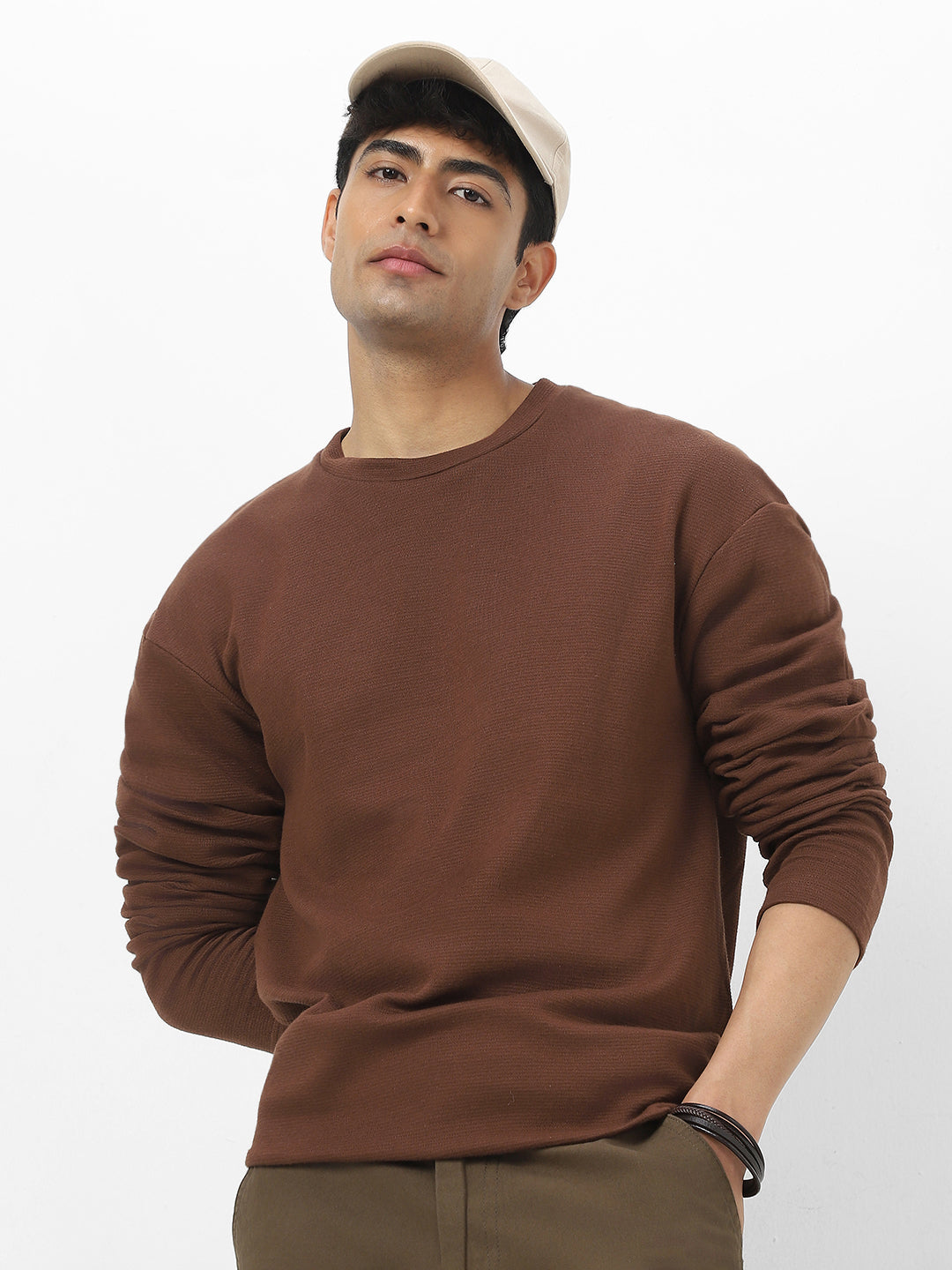 Men's Chocolate Brown Textured Round Neck Oversized Full Sleeve