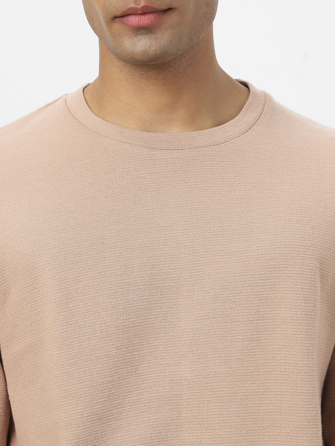 Men's Ginger Root Textured Round Neck Oversized Full Sleeve Cotton T-Shirt