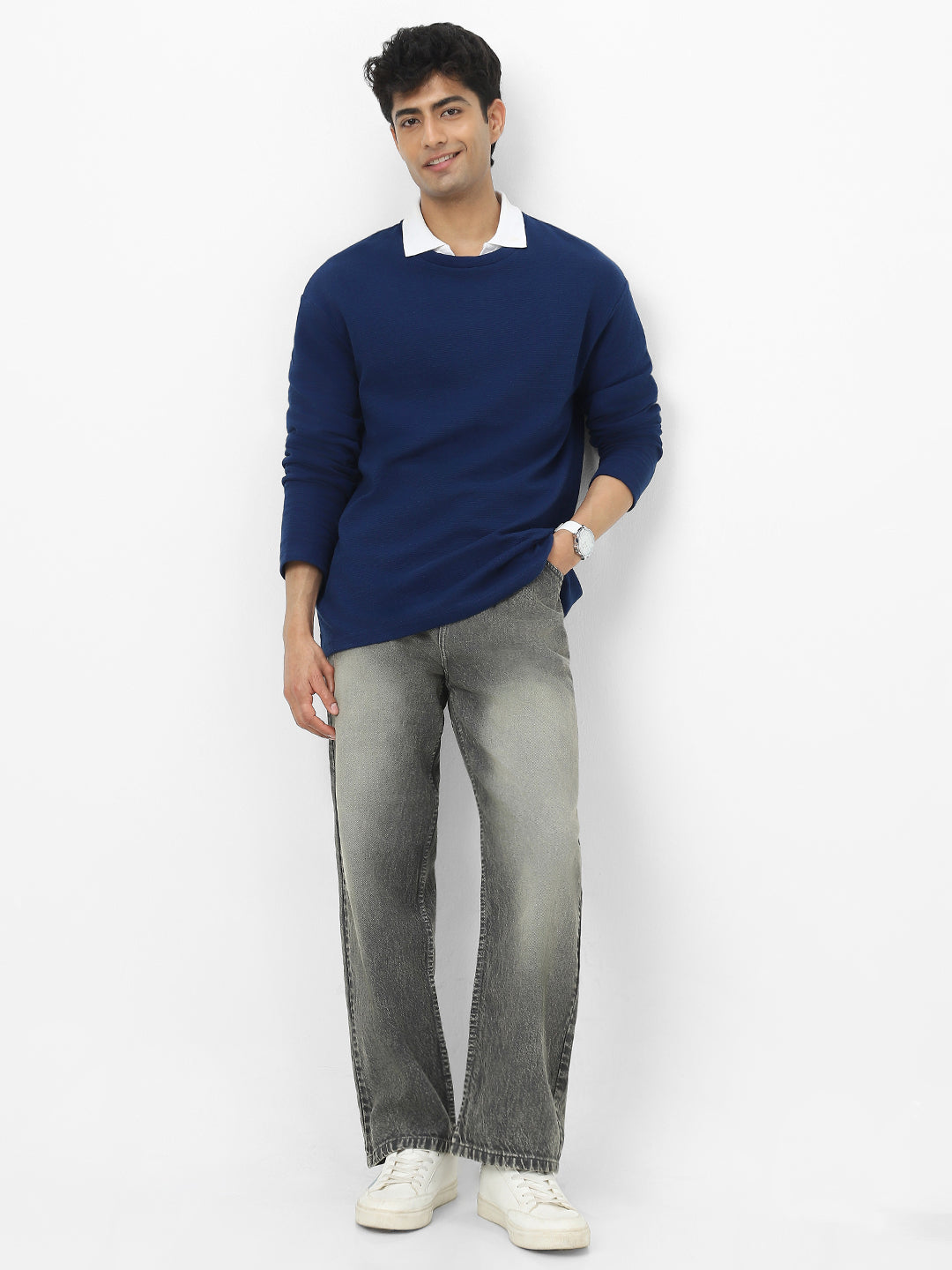 Men's Navy Textured Round Neck Oversized Full Sleeve Cotton T-Shirt
