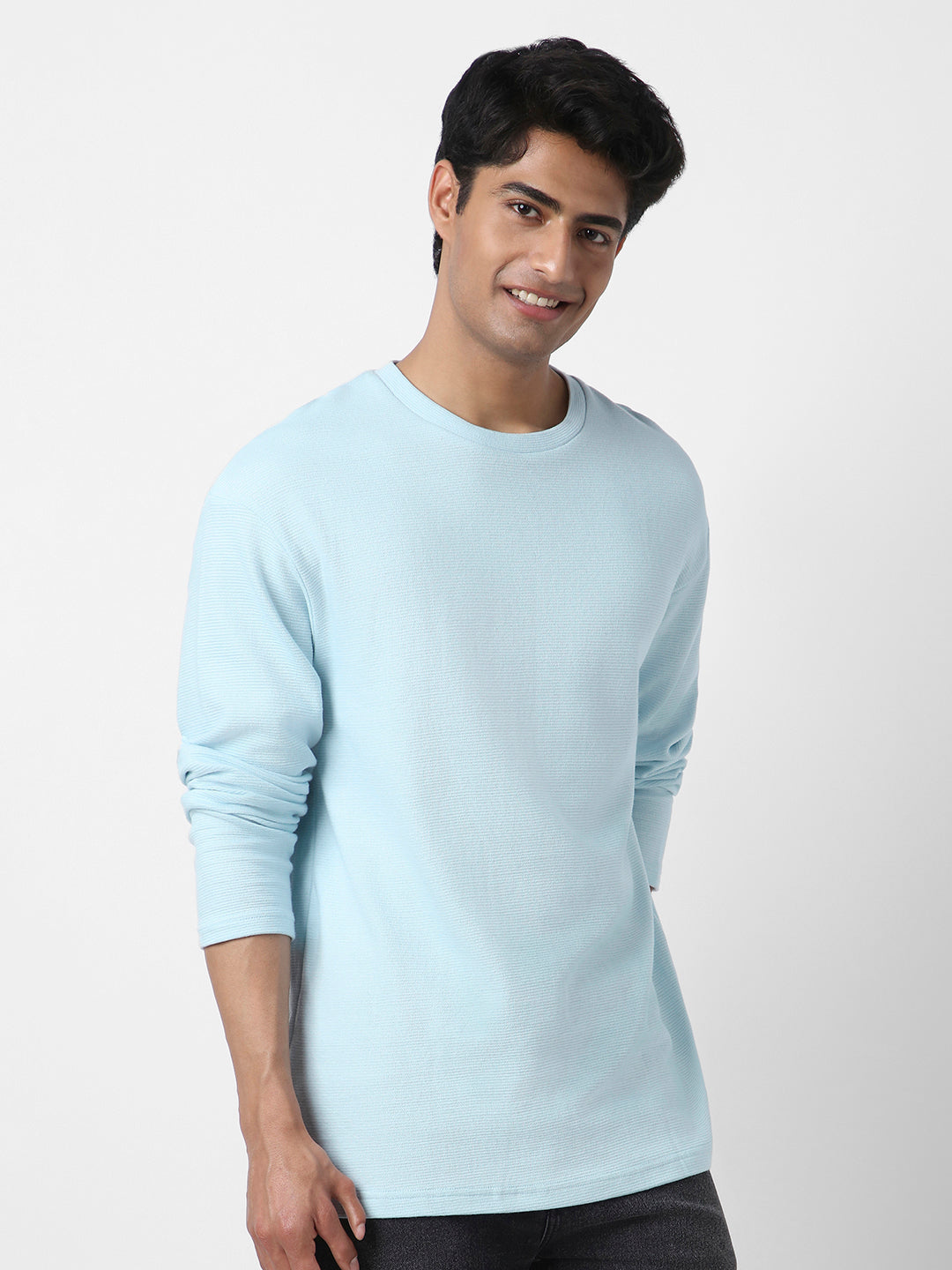 Men's Pastel Blue Textured Round Neck Oversized Full Sleeve Cotton T-Shirt
