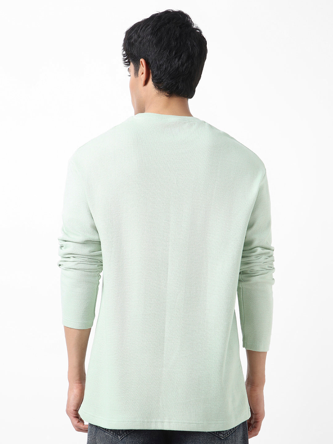 Men's Pastel Green Textured Round Neck Oversized Full Sleeve Cotton T-Shirt
