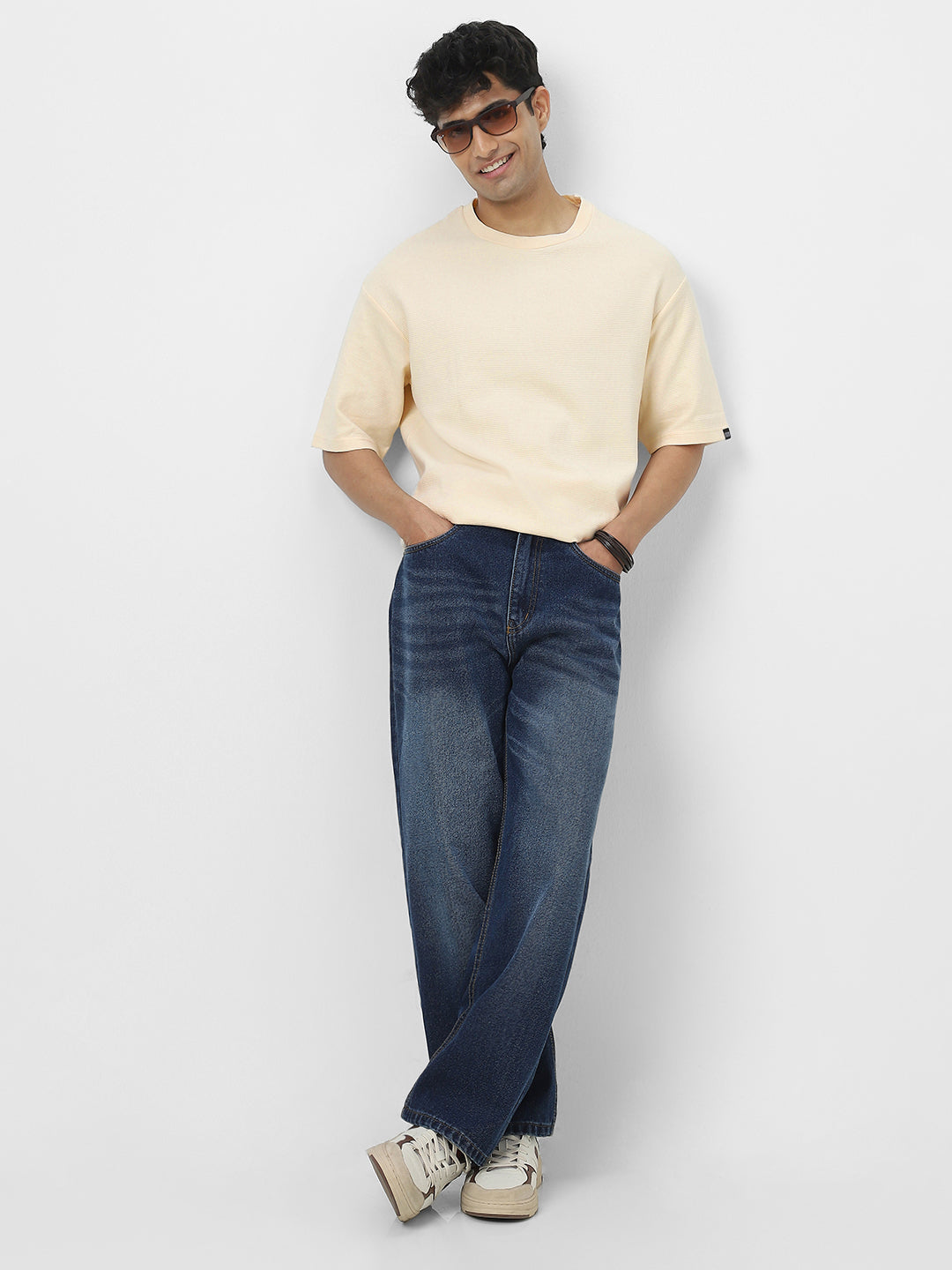 Men's Cloud Cream Textured Round Neck Oversized Half Sleeve Cotton T-Shirt