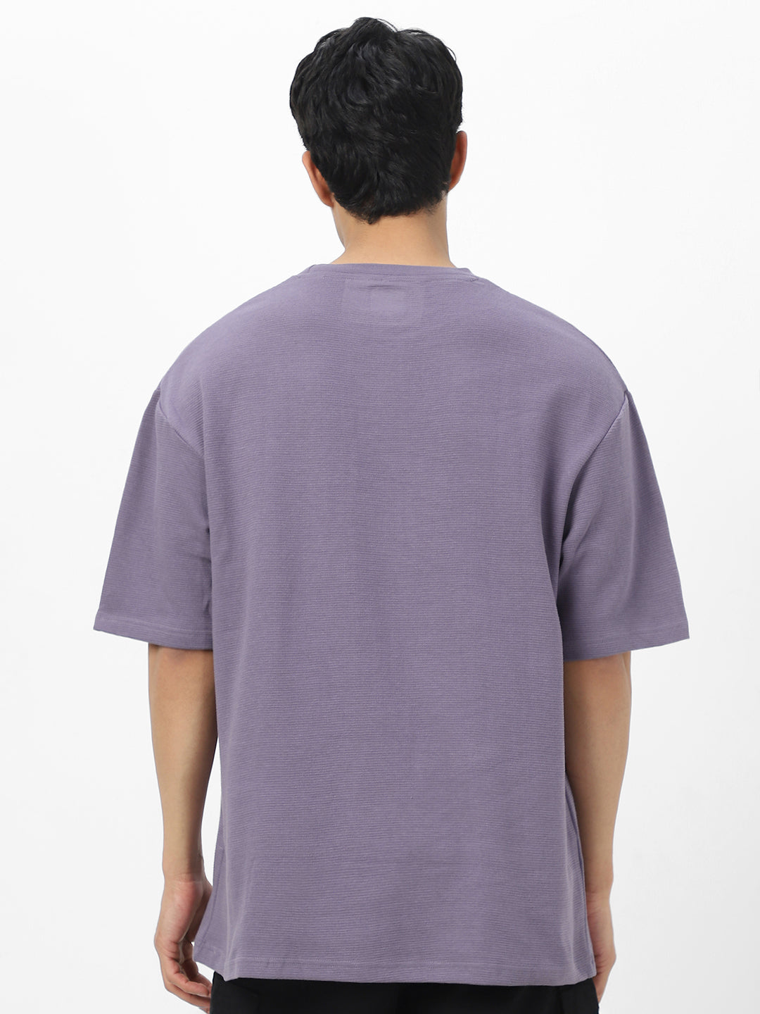 Men's Lilac Textured Round Neck Oversized Half Sleeve Cotton T-Shirt
