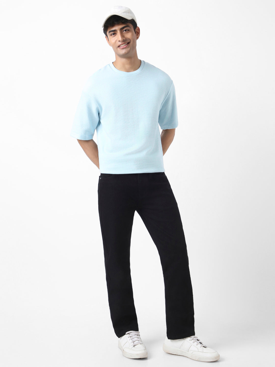 Men's Pastel Blue Textured Round Neck Oversized Half Sleeve Cotton T-Shirt