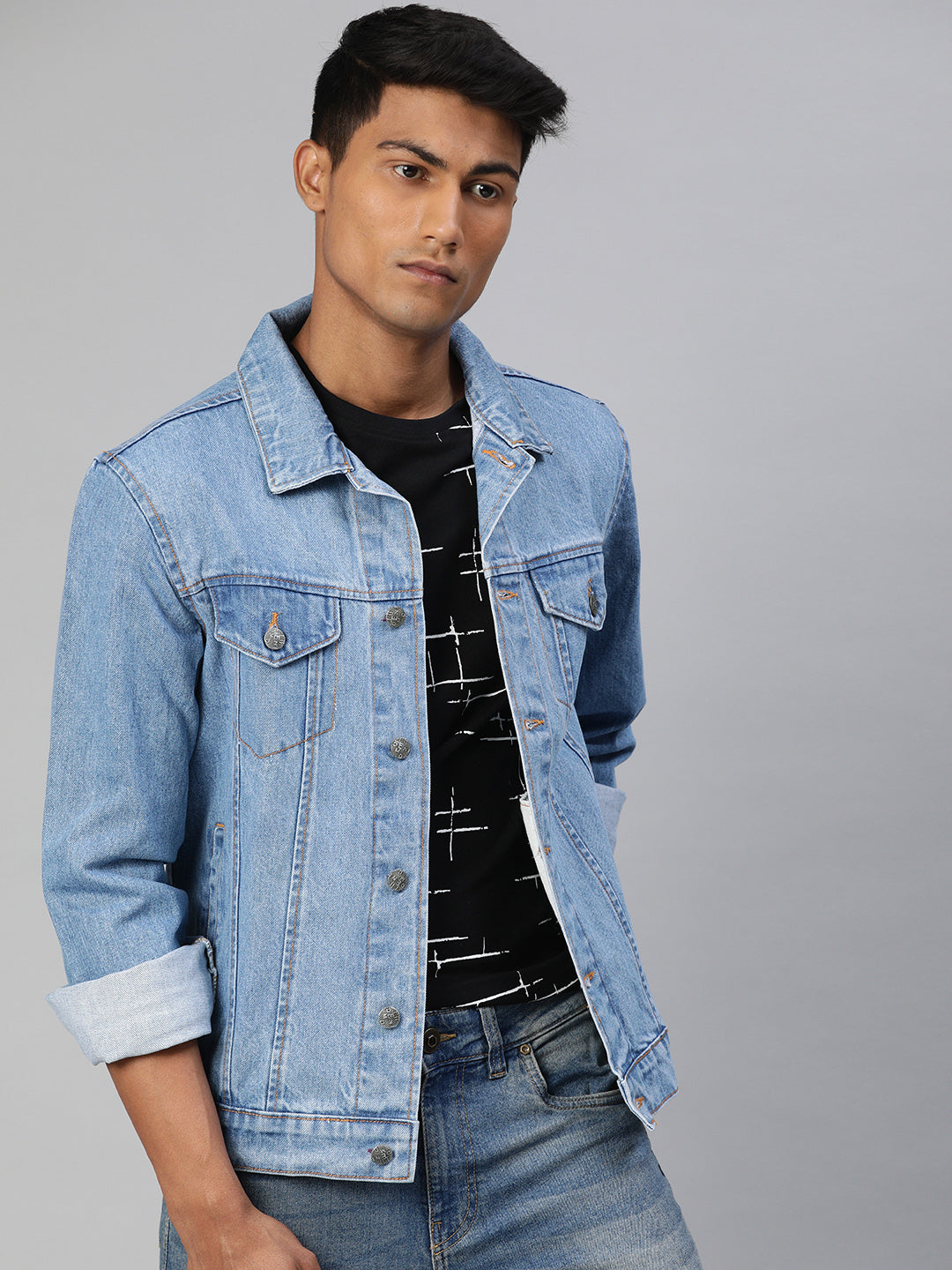 Men's Light Blue Regular Fit Washed Full Sleeve Denim Jacket