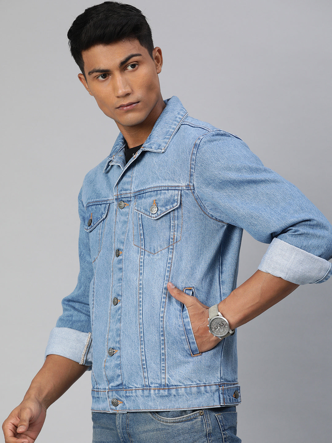 Men's Light Blue Regular Fit Washed Full Sleeve Denim Jacket