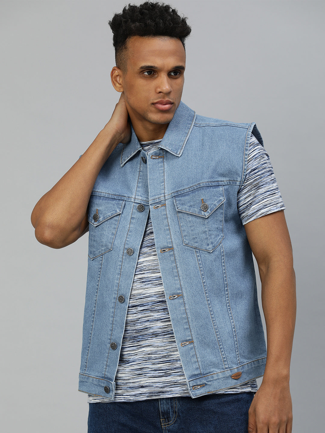 Men's Light Blue Slim Fit Washed Sleeveless Denim Jacket