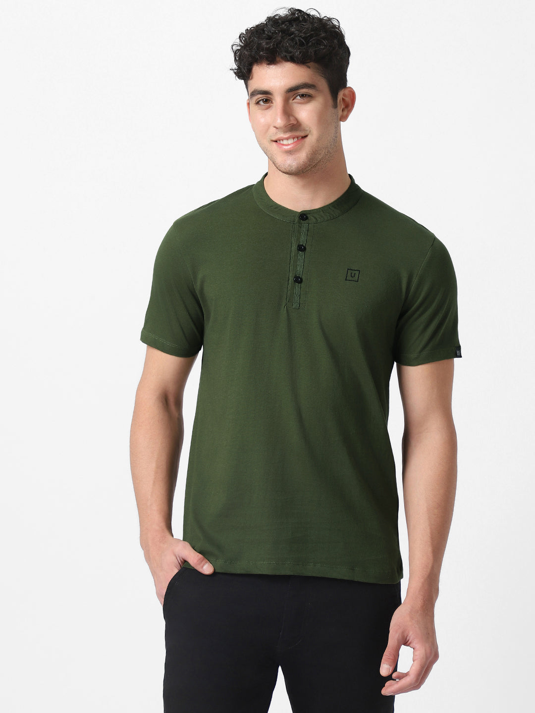 Men's Olive Green Solid Mandarin Collar Slim Fit Cotton T-Shirt