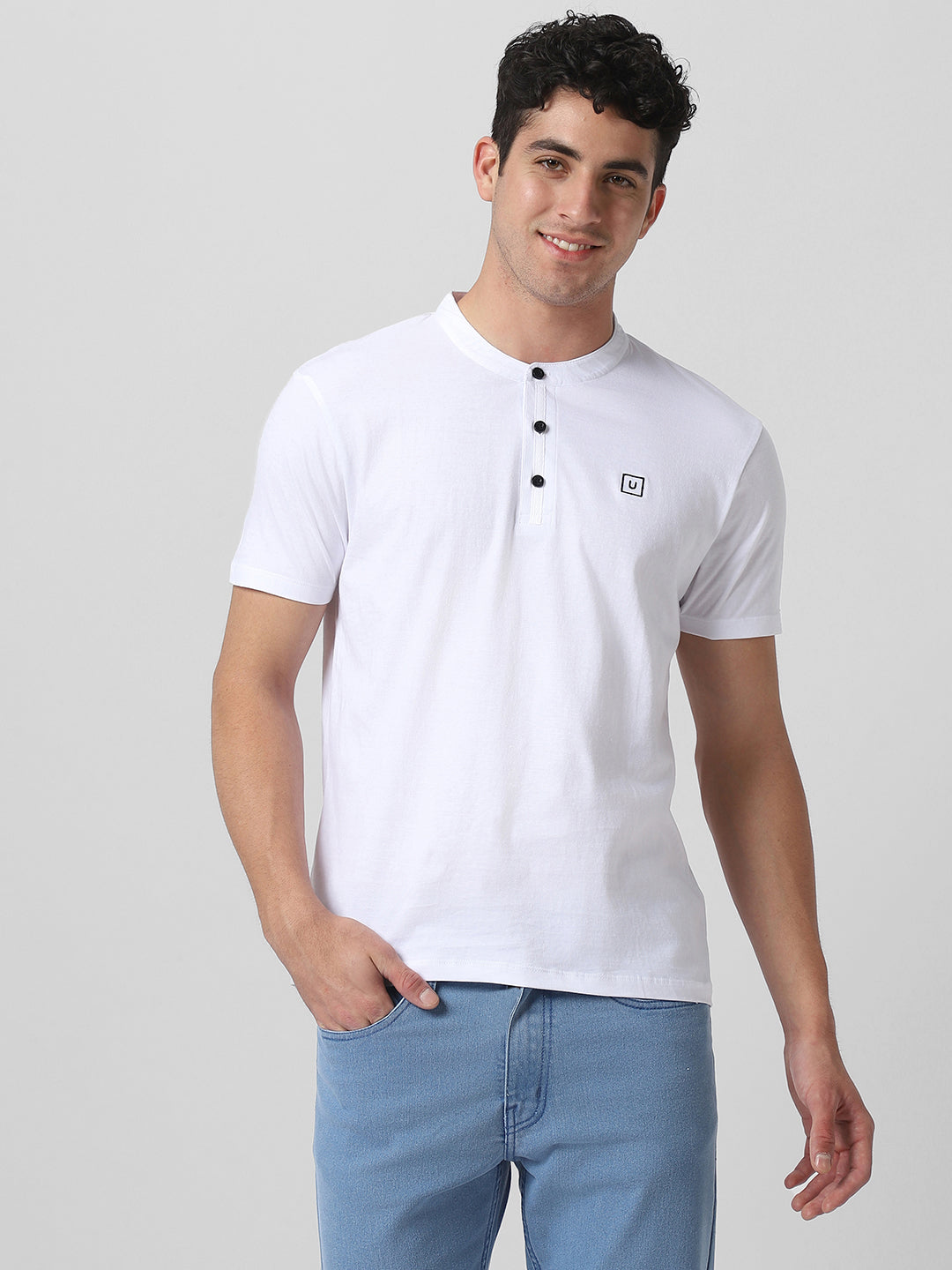 Men's White Solid Mandarin Collar Slim Fit Cotton T-Shirt