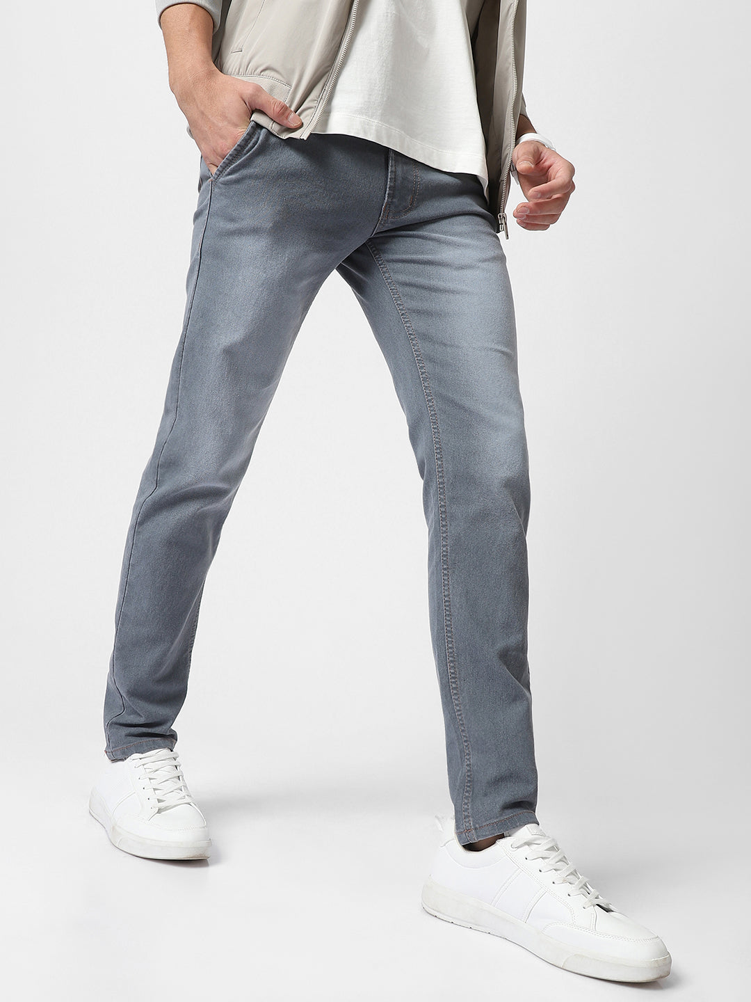 Men's Grey Slim Fit Washed Jeans Stretchable