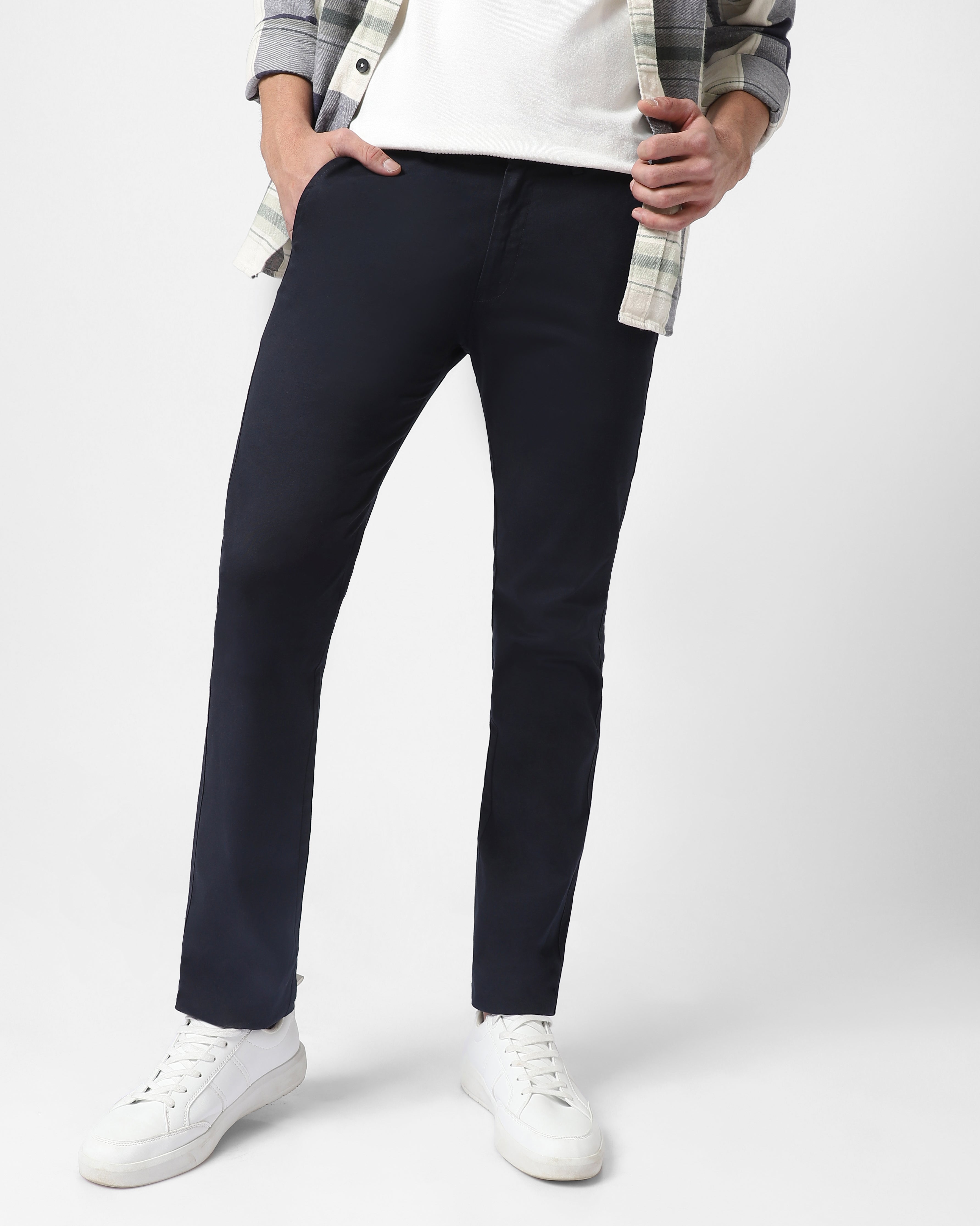 Men's Navy Blue Cotton Slim Fit Casual Chinos Trousers Stretch