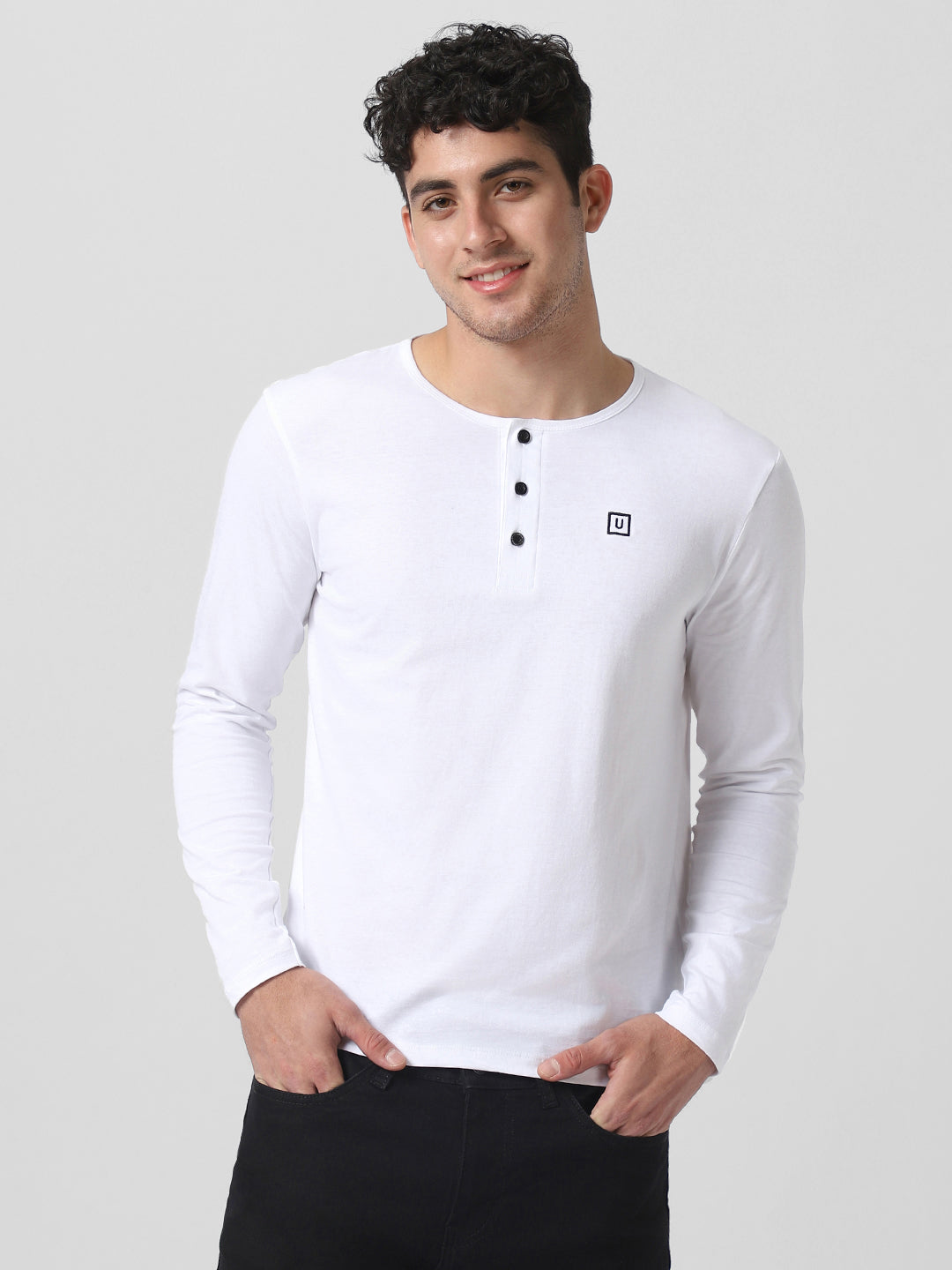 Men's White Solid Henley Neck Slim Fit Cotton T-Shirt