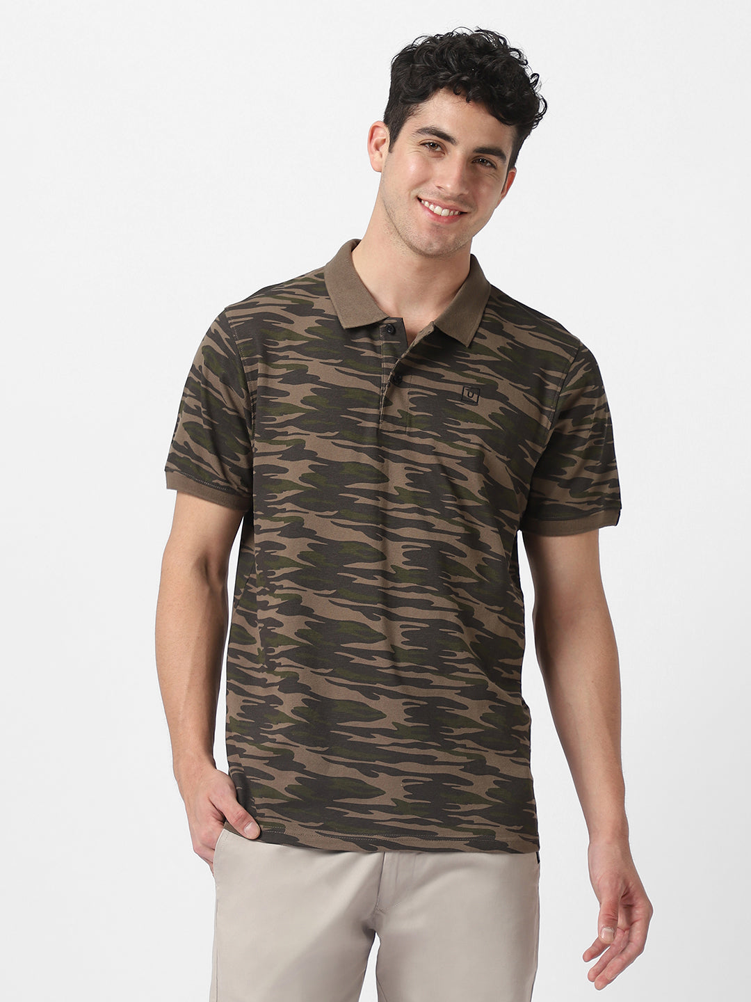 Men's Green, Dark Green Military Camouflage Printed Slim Fit Cotton Polo T-Shirt