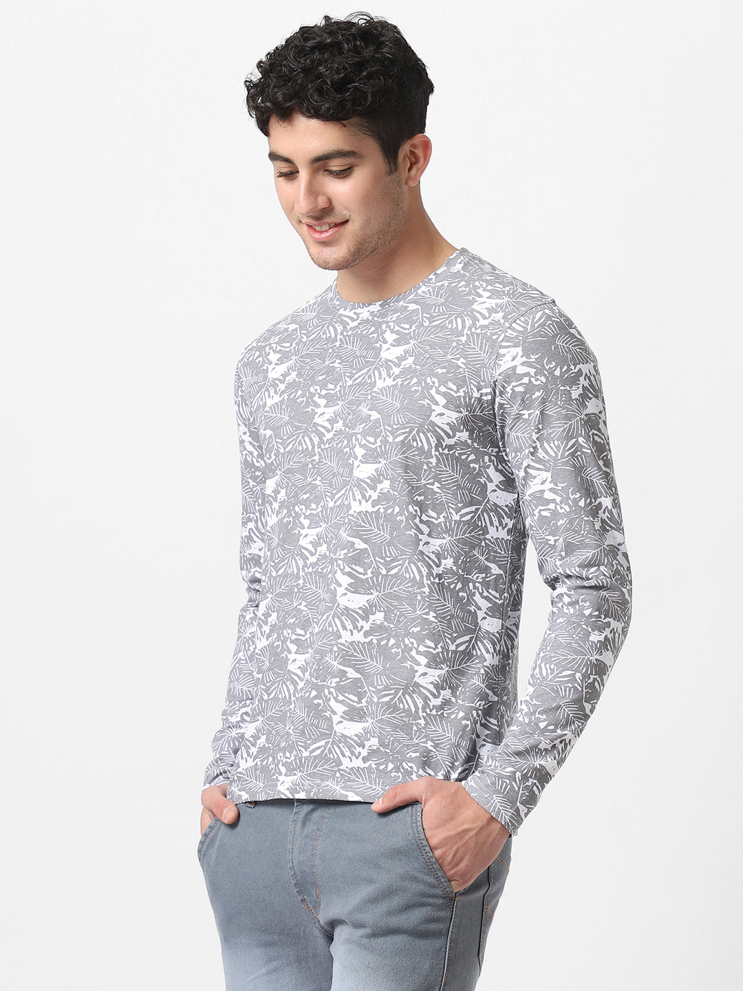 Men's White Grey Printed Full Sleeve Slim Fit Cotton T-Shirt