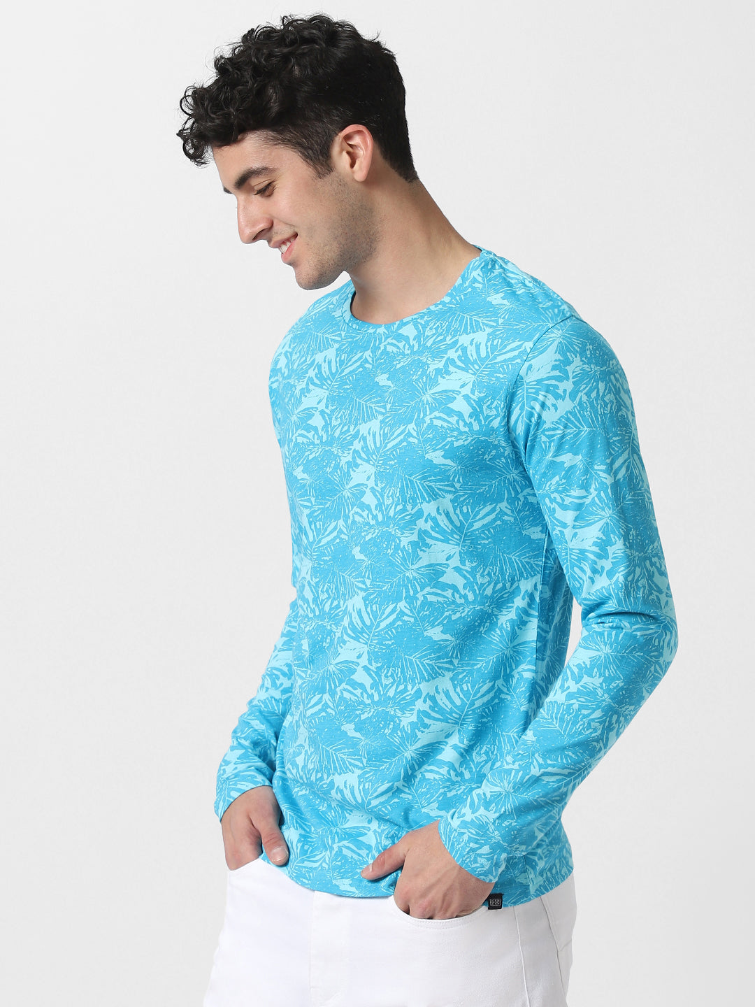 Men's Aqua Blue Printed Full Sleeve Slim Fit Cotton T-Shirt