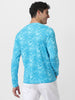 Men's Aqua Blue Printed Full Sleeve Slim Fit Cotton T-Shirt
