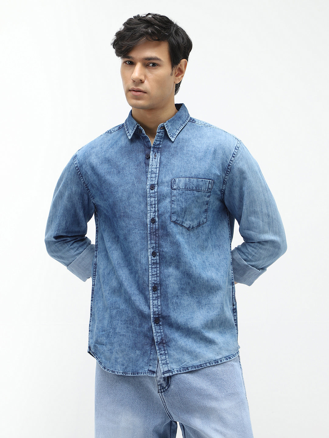Men's Light Blue Regular Fit Full Sleeve Washed Denim Shirt