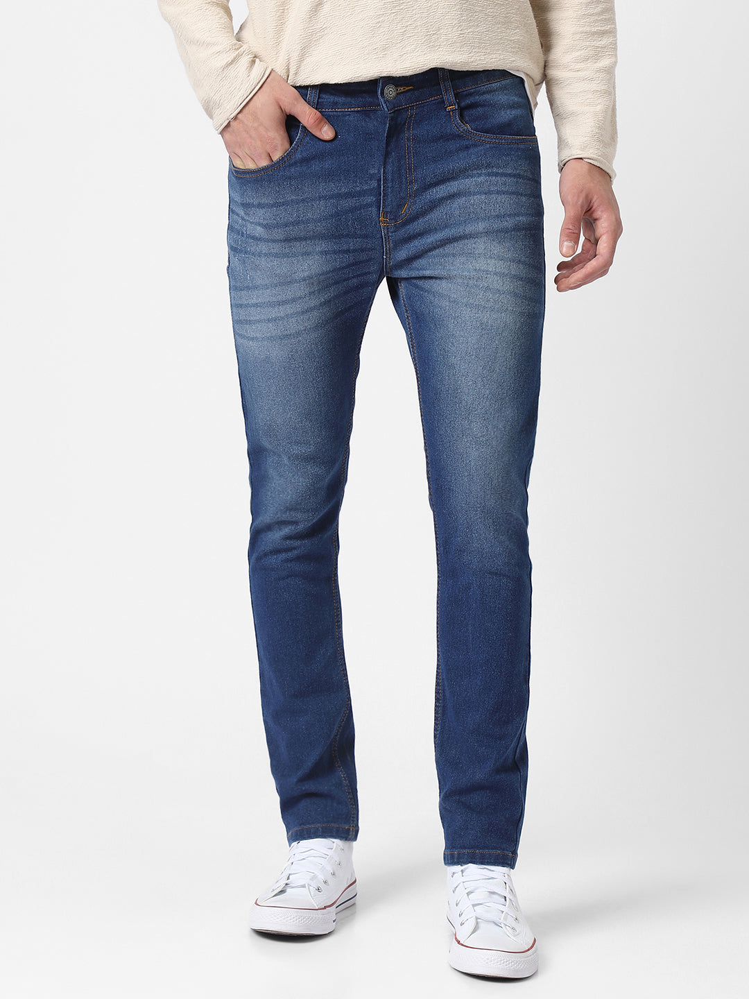 Men's Blue Slim Fit Mild Distressed/Torn Jeans Stretchable
