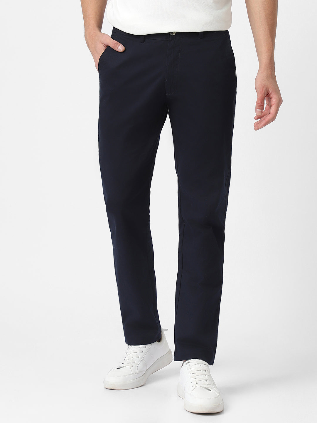 Men's Dark Blue Cotton Light Weight Non-Stretch Slim Fit Casual Trousers