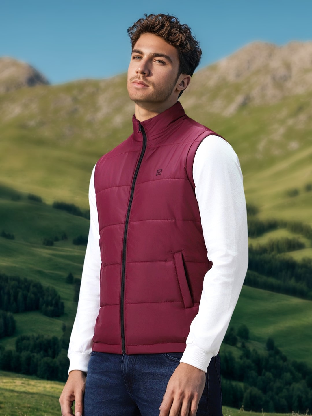 Men's Red Sleeveless Zippered Puffer Jacket