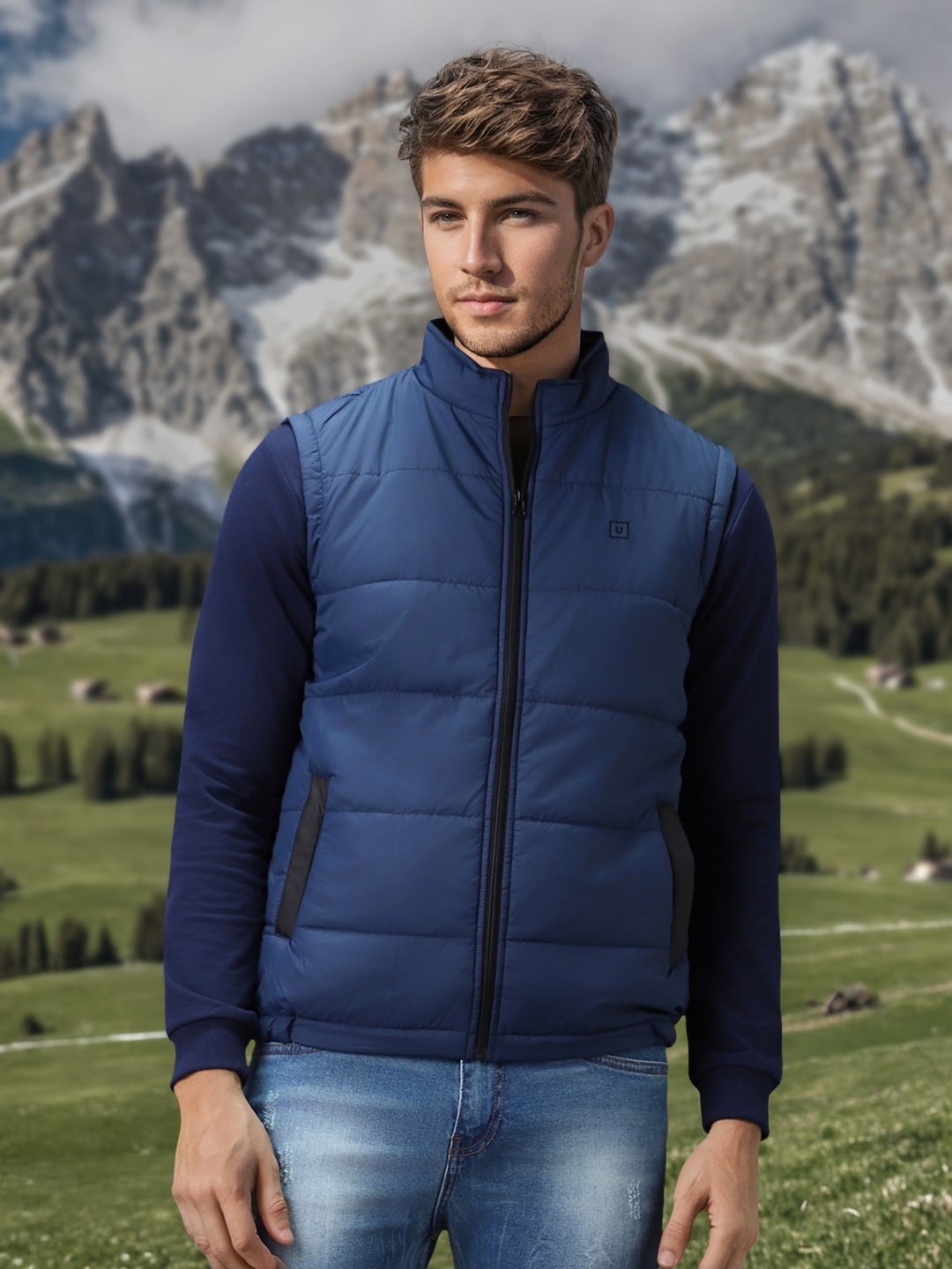 Men's Blue Sleeveless Zippered Puffer Jacket