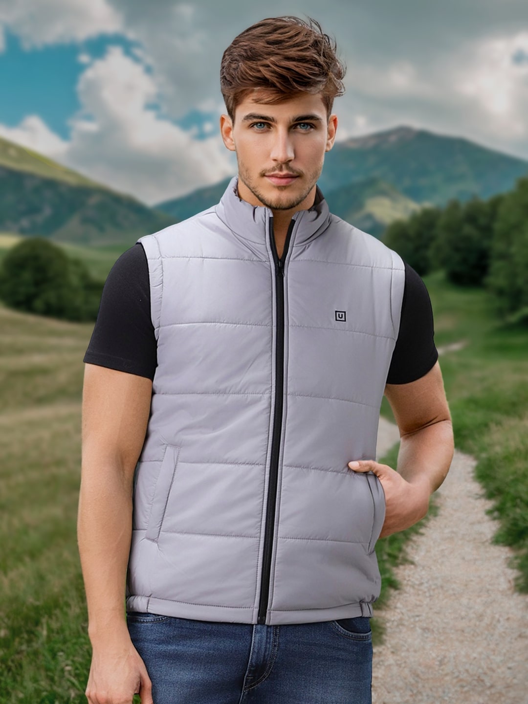 Men's Light Grey Sleeveless Zippered Puffer Jacket