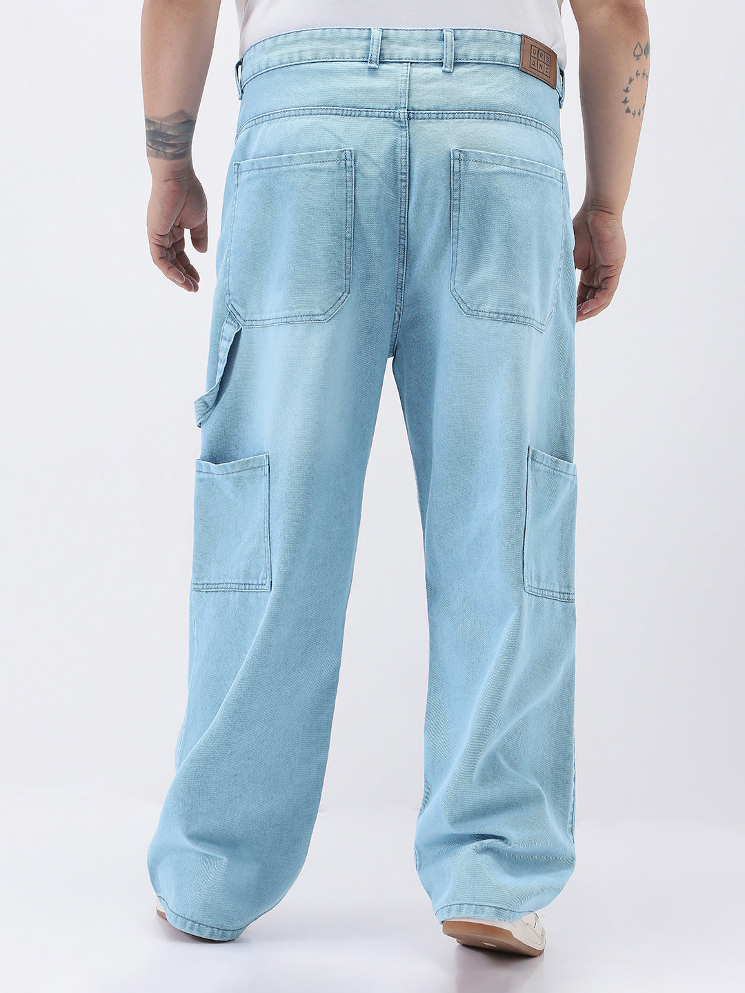 Plus Men's Ice Blue Loose Fit Cargo Carpenter Jeans With 6 Pockets Non-Stretchable