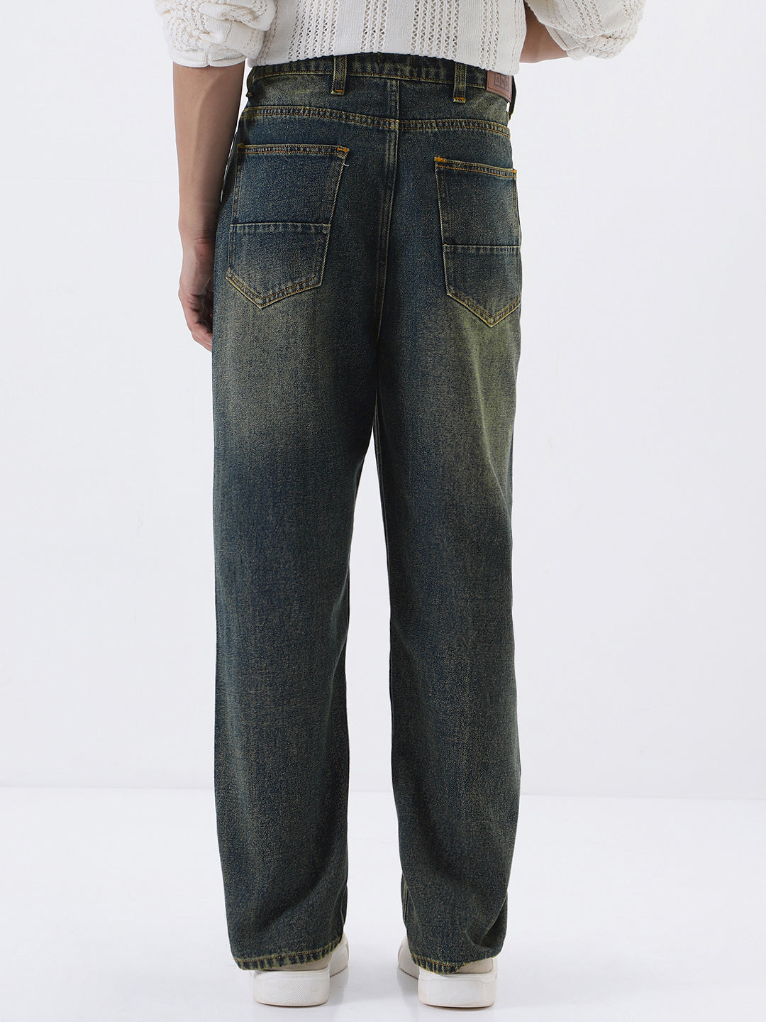 Men's Dark Blue Loose Baggy Fit Heavy Washed Jeans Non-Stretchable
