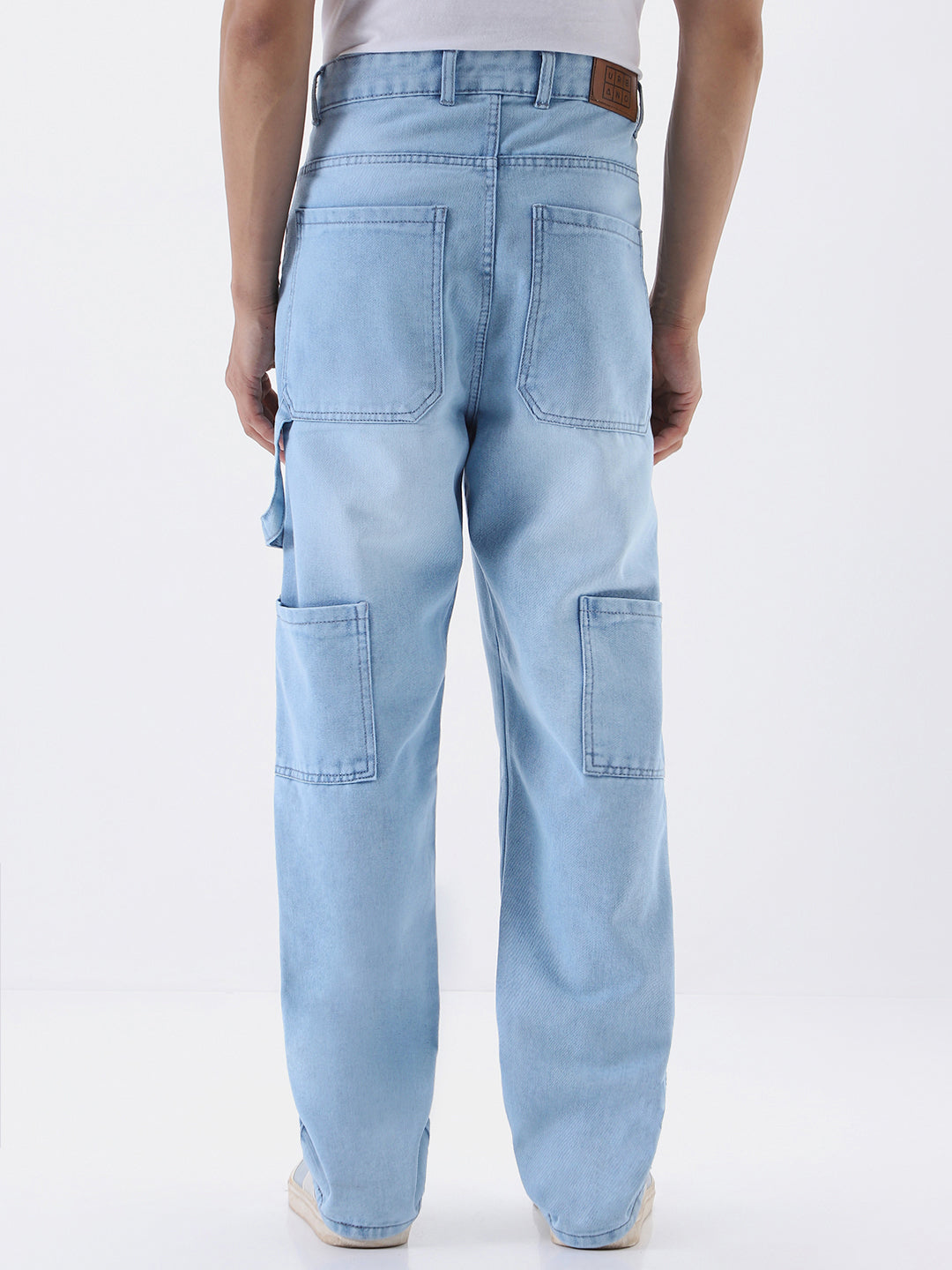 Men's Ice Blue Loose Fit Cargo Carpenter Jeans With 6 Pockets Non-Stretchable