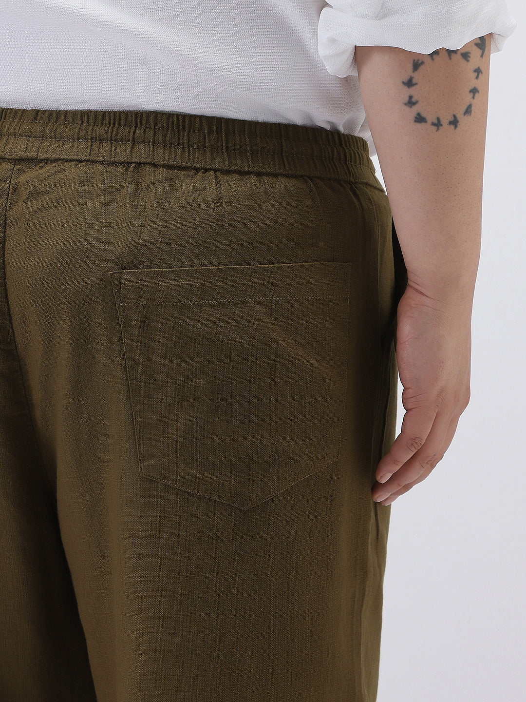 Plus Men's Khaki Loose Fit Solid Linen Blend Trousers Non-Stretchable