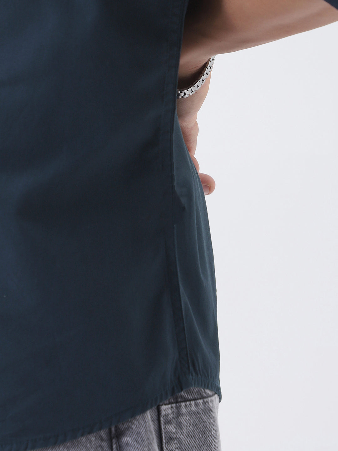Men's Navy Cotton Full Sleeve Regular Fit Casual Solid Shirt