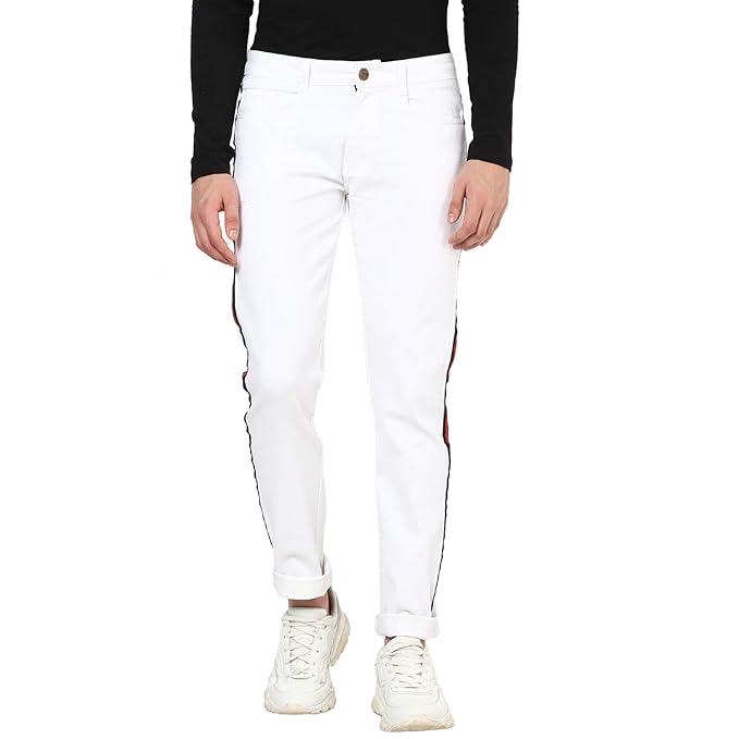 Men's White Side Striped Slim Fit Jeans Stretch